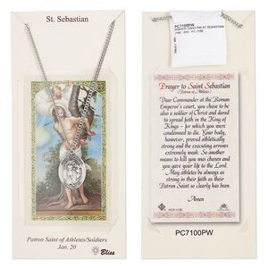 Necklace, stainless steel and Britannia pewter (tin-based alloy), 24x19mm oval with Saint Sebastian, 24-inch continuous loop. Sold individually.
