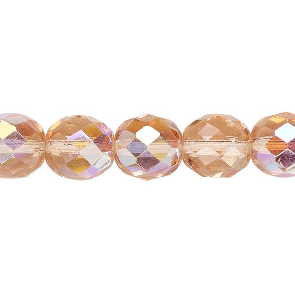 Bead, Czech fire-polished glass, light rose AB, 10mm faceted round. Sold per 15-1/2" to 16" strand. image number 0