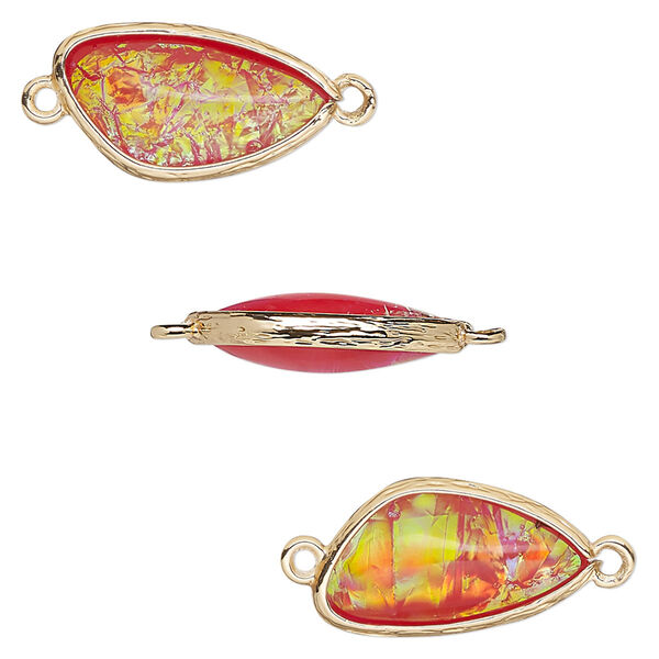 Link, Opalized Ice™, "opal" (resin) and gold-finished brass, orange, 19.5x11mm double-sided wing. Sold per pkg of 4. image number 0