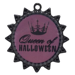 Focal, enamel and black-finished "pewter" (zinc-based alloy), 38mm fancy flat round with crown design and "Queen of Halloween." Sold individually.