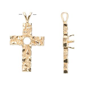 Pendant, Sure-Set™, 14Kt gold, 30.5x17.5mm cross with 6mm pre-notched 4-prong round setting. Sold individually.