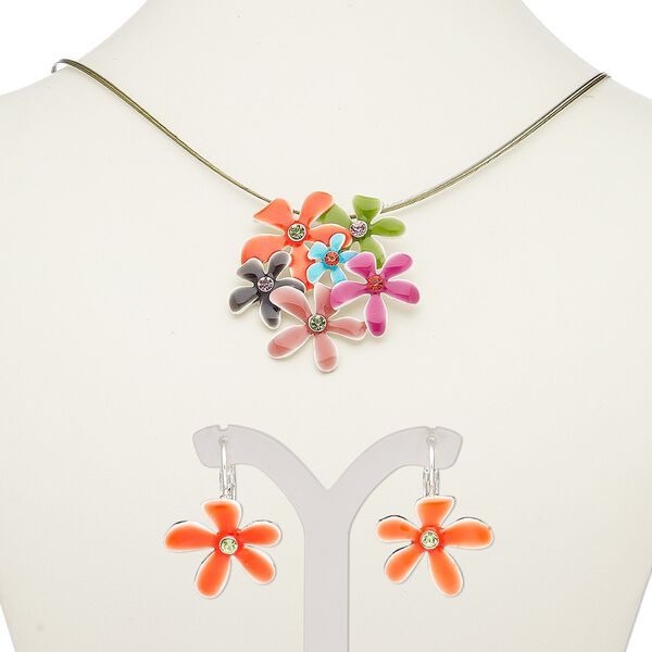 Necklace and earring set, 3-strand, enamel / glass rhinestone / silver-plated steel / "pewter" (zinc-based alloy), multicolored, flowers, 18-inch necklace with 2-inch extender chain and lobster claw clasp, 28mm earrings with leverback ear wire. Sold per set. image number 0