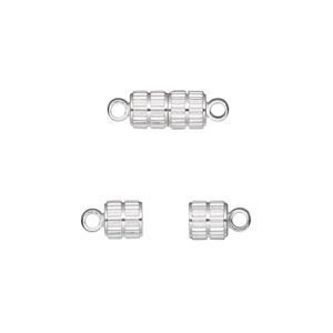 Clasp magnetic 1pkg10, 11x5mm corrugated barrel, silver-finished brass 1-strand