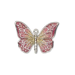 Charm, enamel and imitation rhodium-plated "pewter" (zinc-based alloy), pink and yellow with glitter, 26x19mm single-sided butterfly. Sold individually.