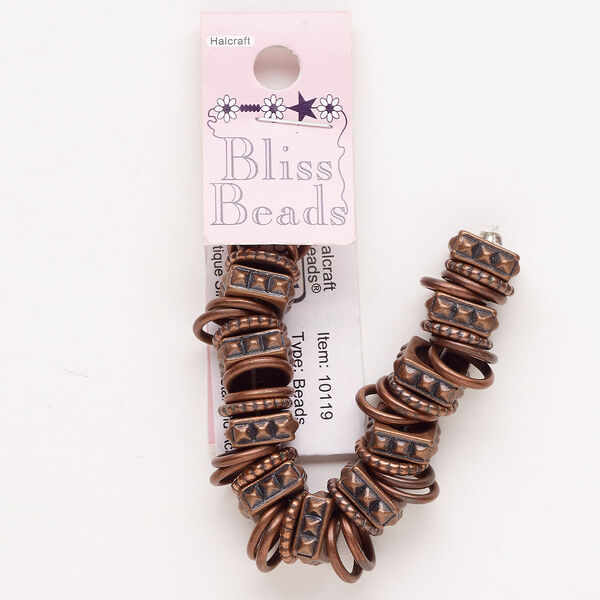 Bead assortment, antique copper-finished "pewter" (zinc-based alloy) and resin, gold, 12x2mm rondelle / 13x2.5mm rondelle / 12.5x2mm textured square rondelle. Sold per 4-inch strand, approximately 40 beads. image number 0