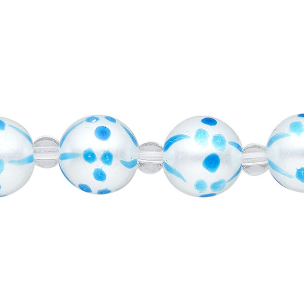 Bead, glass 1pkg8, opaque turquoise blue and white, 12mm hand-painted round. image number 0