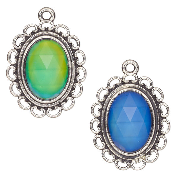 Drop, acrylic and antique imitation rhodium-plated "pewter" (zinc-based alloy), 29x24mm oval with color-changing "mood" cabochon. Sold per pkg of 2. image number 0