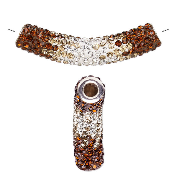 Bead, Dione®, resin / glass rhinestone / silver-plated brass, browns / white / clear, 47x9mm curved tube, 4mm hole. Sold individually. image number 0