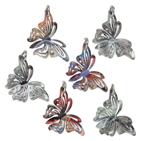 Drop, steel and acrylic, multicolored, 26x16mm curved butterfly with cutouts and jump ring. Sold per pkg of 6. image number 0