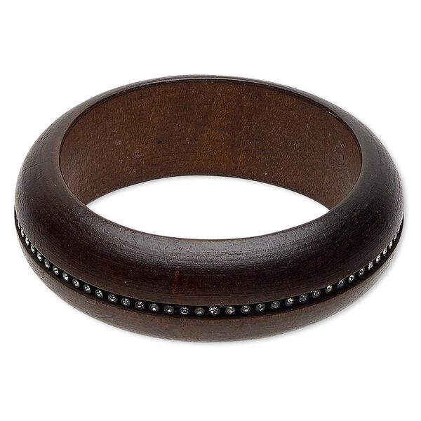 Bracelet, bangle, stained wood and glass rhinestone, dark brown and clear, 26mm wide, 7-1/2 inches. Sold individually. image number 0