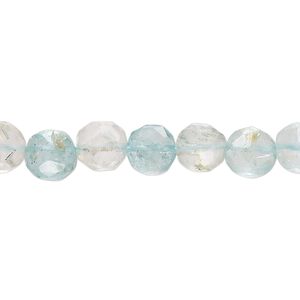 Aquamarine / goshenite 1pkg1, hand-cut faceted puffed flat round bead light 15 inch 7-9mm