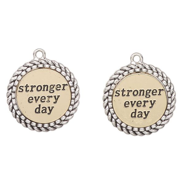 Charm, antique gold-finished "pewter" (zinc-based alloy), black, 24mm braided edge flat round with "Stronger every day". Sold per pkg of 2. image number 0