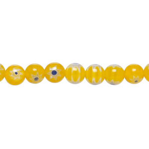 Bead, millefiori glass 1pkg1, translucent yellow-orange / blue / white, 6mm round, 15 inches.