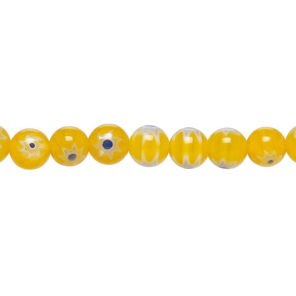 Bead, millefiori glass 1pkg1, translucent yellow-orange / blue / white, 6mm round, 15 inches. image number 0