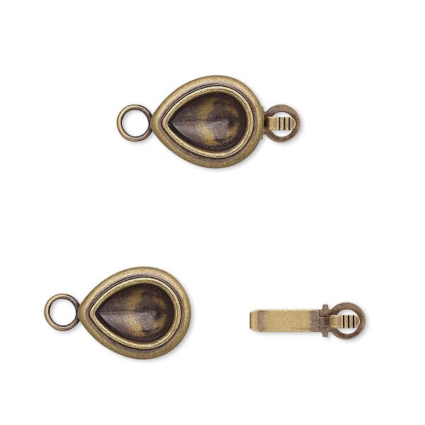 Clasp, Almost Instant Jewelry®, tab, antique gold-plated brass, 12x10mm teardrop with 8x6mm pear setting. Sold per pkg of 4. image number 0