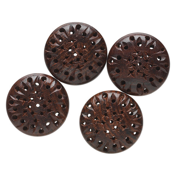 Bead, wood (natural), 33mm carved puffed flat round with holes and stars. Sold per pkg of 4. image number 0