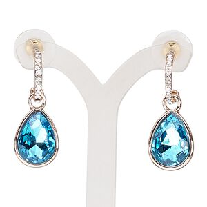 Earring, glass / glass rhinestone / stainless steel / rose gold-finished "pewter" (zinc-based alloy), light blue and clear, 32mm with teardrop and post. Sold per pair.