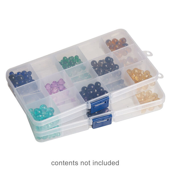 Organizer box, plastic, clear and blue, 6-3/4 x 3-3/4 x 3/4-inch with hang tab, 15 compartments. Sold per pkg of 2. image number 0