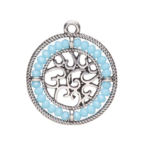 Drop, glass and antique silver-finished "pewter" (zinc-based alloy), aqua blue, 28mm round with hearts and beaded border. Sold per pkg of 2. image number 0