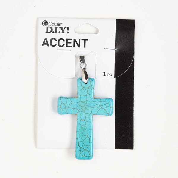 Pendant, silver-finished brass and resin, turquoise blue with matrix, 59x40mm cross. Sold individually. image number 0