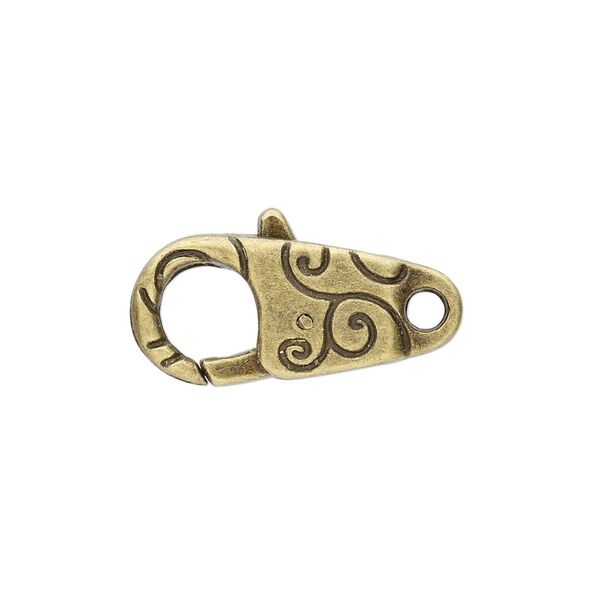 Clasp, lobster claw, antique brass-plated "pewter" (zinc-based alloy), 24.5x11mm with double-sided swirl design. Sold per pkg of 6. image number 0