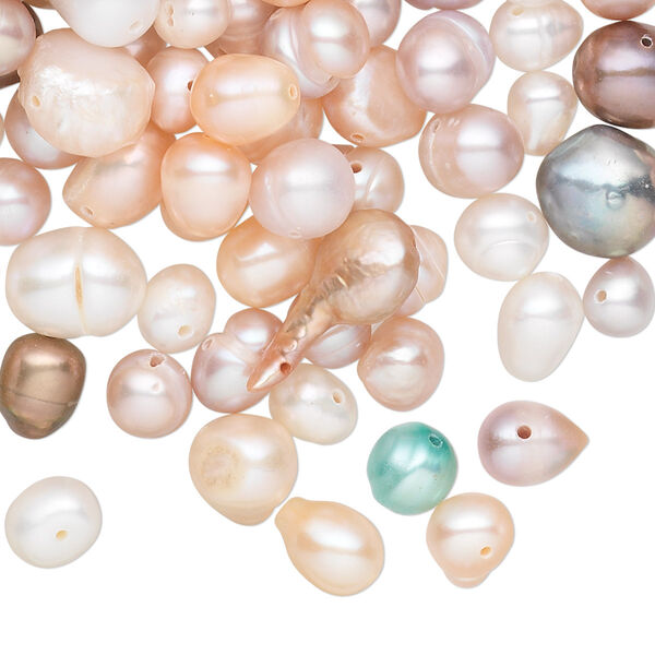Pearl mix, cultured freshwater (dyed / bleached), mixed colors, 4mm-41x16mm mixed shape, D grade, Mohs hardness 2-1/2 to 4. Sold per 1/4 pound pkg, approximately 140-260 beads. image number 0