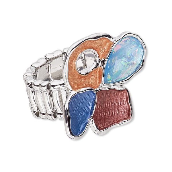 Ring, stretch, enamel / resin / imitation rhodium-finished "pewter" (zinc-based alloy), opalescent multicolored, 28x27mm freeform flower, size 7-9. Sold individually. image number 0
