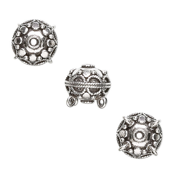 Bead, sterling silver, 13x11mm filigree round with 4 loops. Sold individually. image number 0