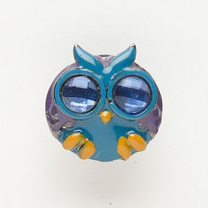 Bead, slide, brass / glass / enamel, pkg/1, 25mm owl, gunmetal finish and multicolored.