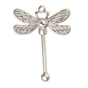 Focal, glass rhinestone / silver-finished "pewter" (zinc-based alloy) / brass, clear, 48x38.5mm single-sided dragonfly with twist-off head, 24.5mm beadable length, fits beads with 3mm hole. Sold individually.