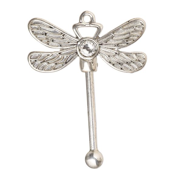 Focal, glass rhinestone / silver-finished "pewter" (zinc-based alloy) / brass, clear, 48x38.5mm single-sided dragonfly with twist-off head, 24.5mm beadable length, fits beads with 3mm hole. Sold individually. image number 0