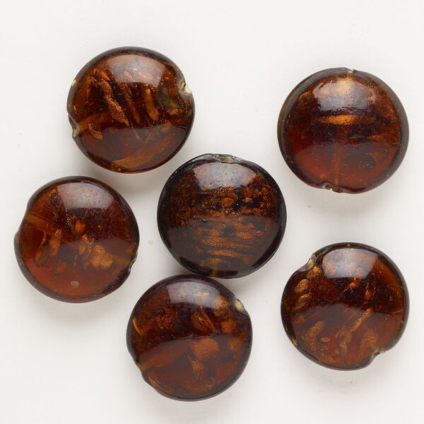 Bead, lampworked glass, opaque brown with copper-colored glitter, 25-28mm puffed flat round with swirl design. Sold per pkg of 6. image number 0