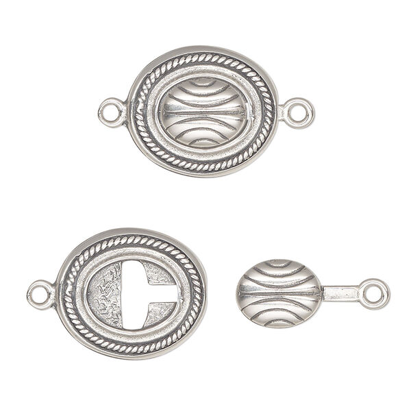 Clasp, JBB Findings, tab lock, antiqued sterling silver, 16x14mm oval with lines. Sold individually. image number 0