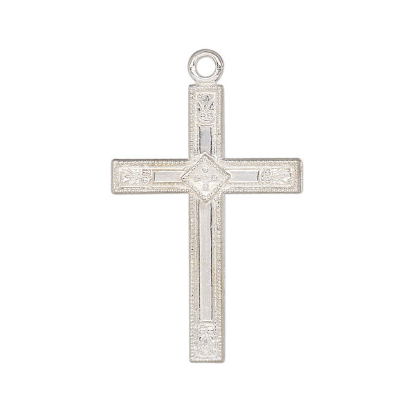 Focal, sterling silver, 30x20mm single-sided flat cross with diamond design. Sold individually. image number 0