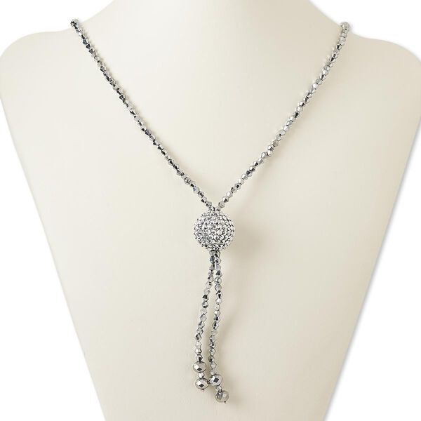 Necklace, glass / brass / plastic, silver, 3-1/2 inch dangle with 22mm round, 28-inch continuous loop. Sold individually. image number 0