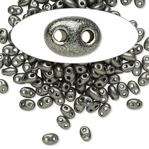 Seed bead, Preciosa Twin™ Czech glass, pkg/10g, 5x2.5mm oval, opaque khaki green terra pearl black, (28986).