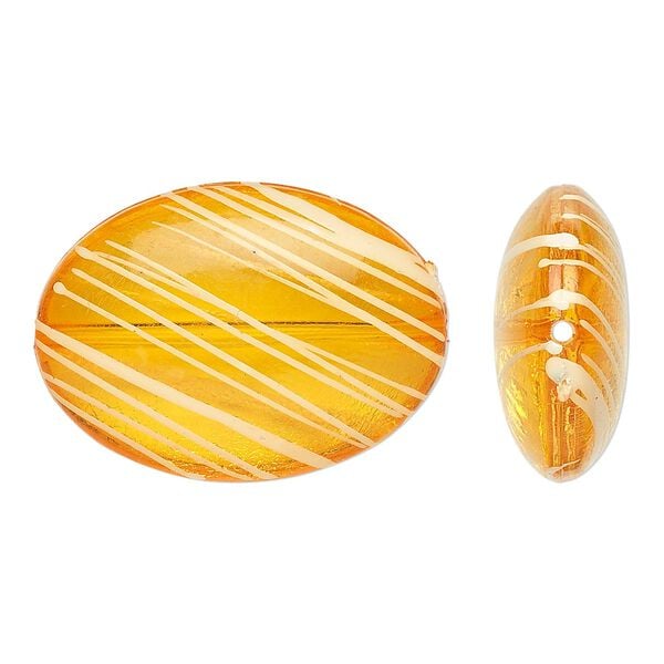 Bead, acrylic, semitransparent orange and white, 33x24mm puffed oval with painted line design. Sold per pkg of 18. image number 0