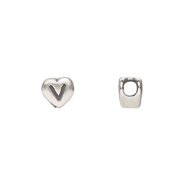Bead, sterling silver, 7.5x7mm heart with alphabet letter "V." Sold individually. image number 0