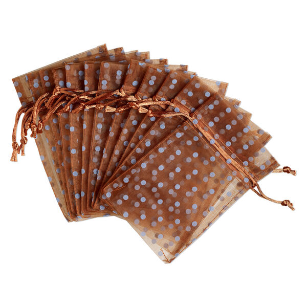 Pouch, organza, copper and robin's egg blue, 6x4 inches with dot pattern and drawstring. Sold per pkg of 12. image number 0