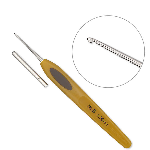 Crochet hook, Clover, steel and resin, 5 inches with #6/1mm hook, fits thread size 20-30 and dead-soft wire gauge 30-26. Sold individually. image number 0