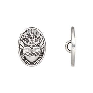 Button, TierraCast®, antique silver-plated pewter, 19x13mm oval with sacred heart and closed loop. Sold per pkg of 20.