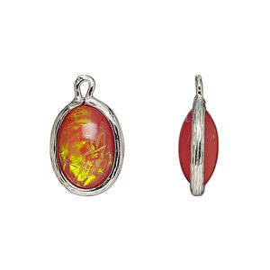 Drop, Opalized Ice™, "opal" (resin) and imitation rhodium-finished brass, opaque orange, 16x12mm double-sided oval .Sold per pkg of 4.