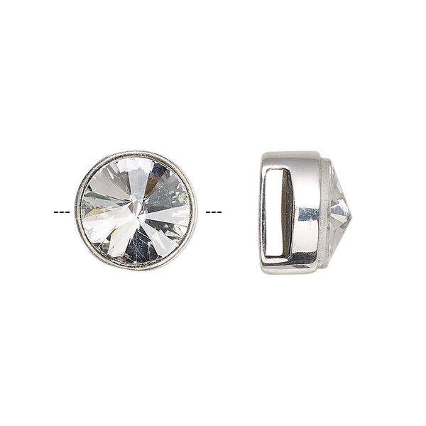 Slide, cubic zirconia and sterling silver, clear, 14mm single-sided round with 9x2mm hole. Sold individually. image number 0