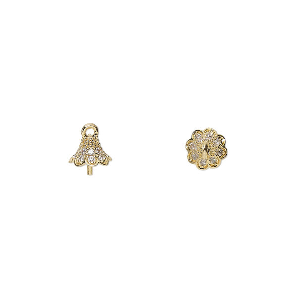 Cup, gold-finished brass and glass rhinestone, clear, 6mm cup with 3mm peg, fits 6-8mm bead. Sold individually. image number 0