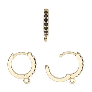 Hoop, gold-finished brass and glass, black, 15mm hoop, 17 gauge. Sold per pair.