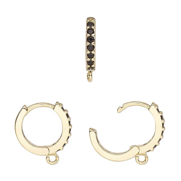 Hoop, gold-finished brass and glass, black, 15mm hoop, 17 gauge. Sold per pair. image number 0