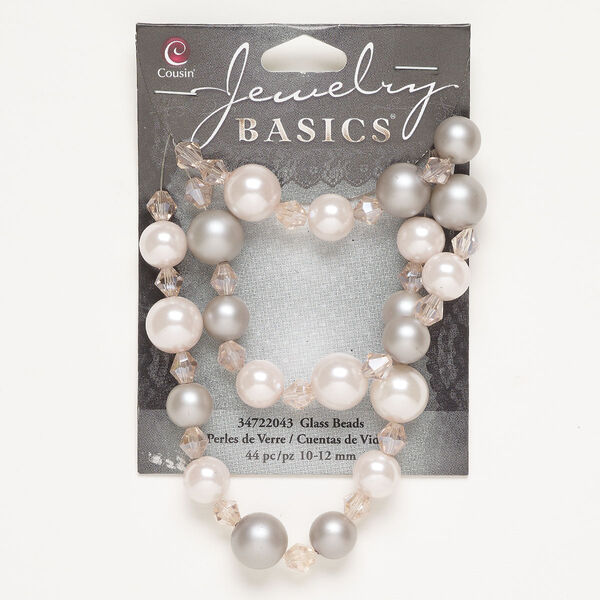 Bead assortment, acrylic pearl and glass, pkg/44, 6mm faceted bicone / 10mm round / 12mm round, matte grey and pink. image number 0