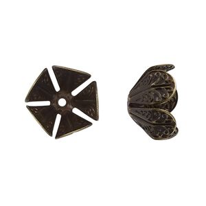 Bead cap, antique brass-finished copper, 16x10.5mm leaves, fits 12-16mm round bead. Sold per pkg of 10.