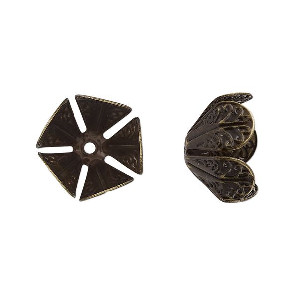 Bead cap, antique brass-finished copper, 16x10.5mm leaves, fits 12-16mm round bead. Sold per pkg of 10. image number 0