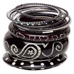 Bracelet, bangle, resin / aluminum / steel / painted wood, assorted colors, 2.5-30mm wide, 7-1/2 to 8 inches. Sold per 12-piece set.